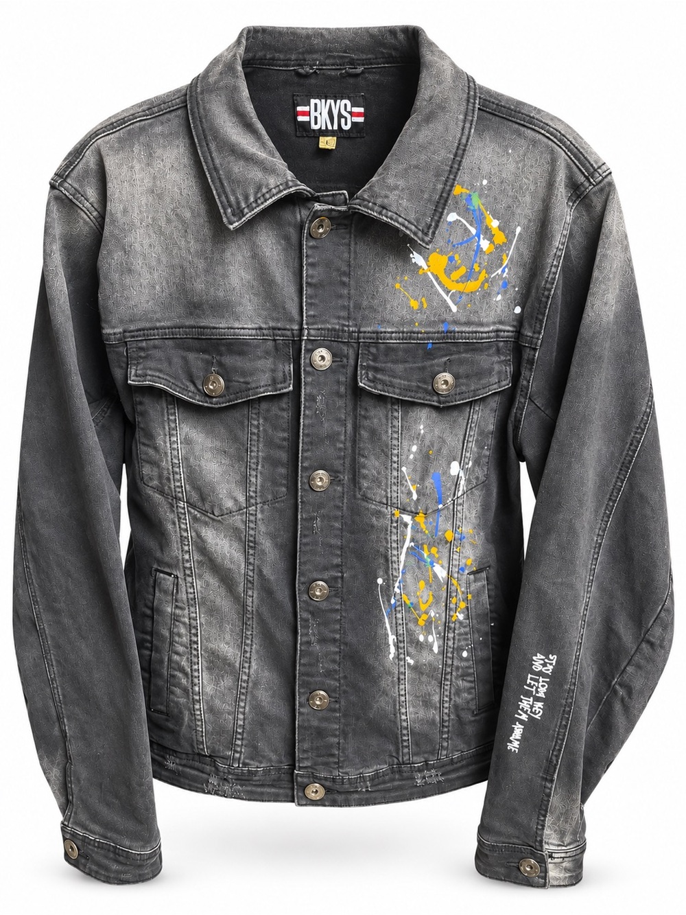 BKYS Washed Black Denim Jacket with Yellow & Blue Paint-Splash